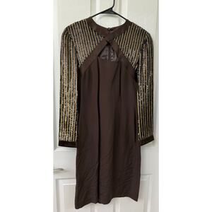Vintage Escada Couture Brown 100% Silk Dress Gold Sequin Sleeves 90s Size 38  6